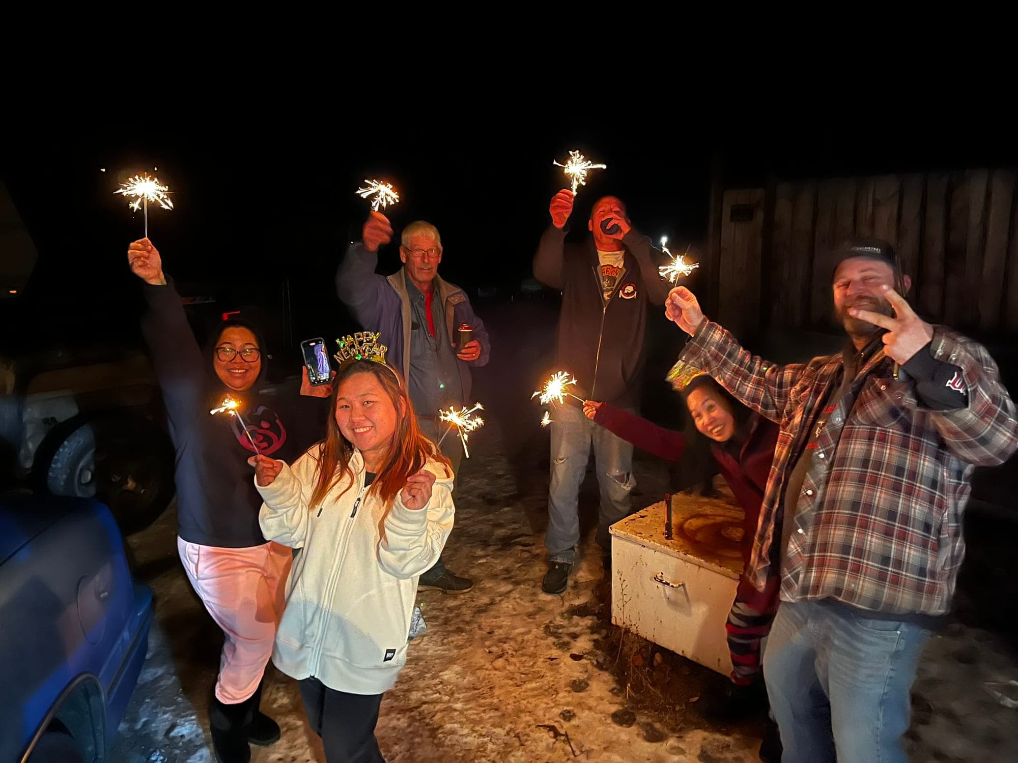 Group of cool people with cool fireworks celebrating the new year.