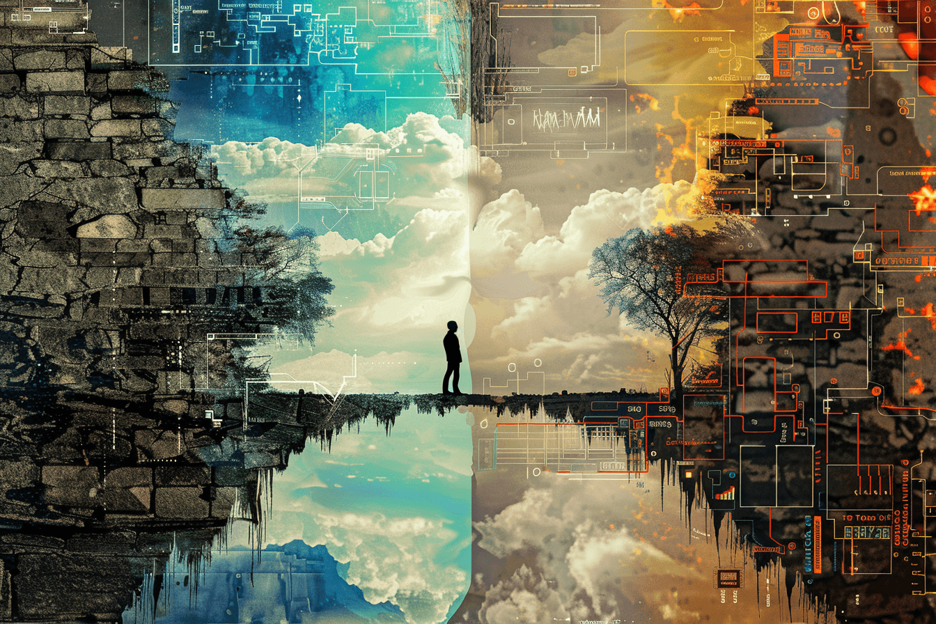 Artistic illustration of a person crossing a bridge between two places with technological glitches.